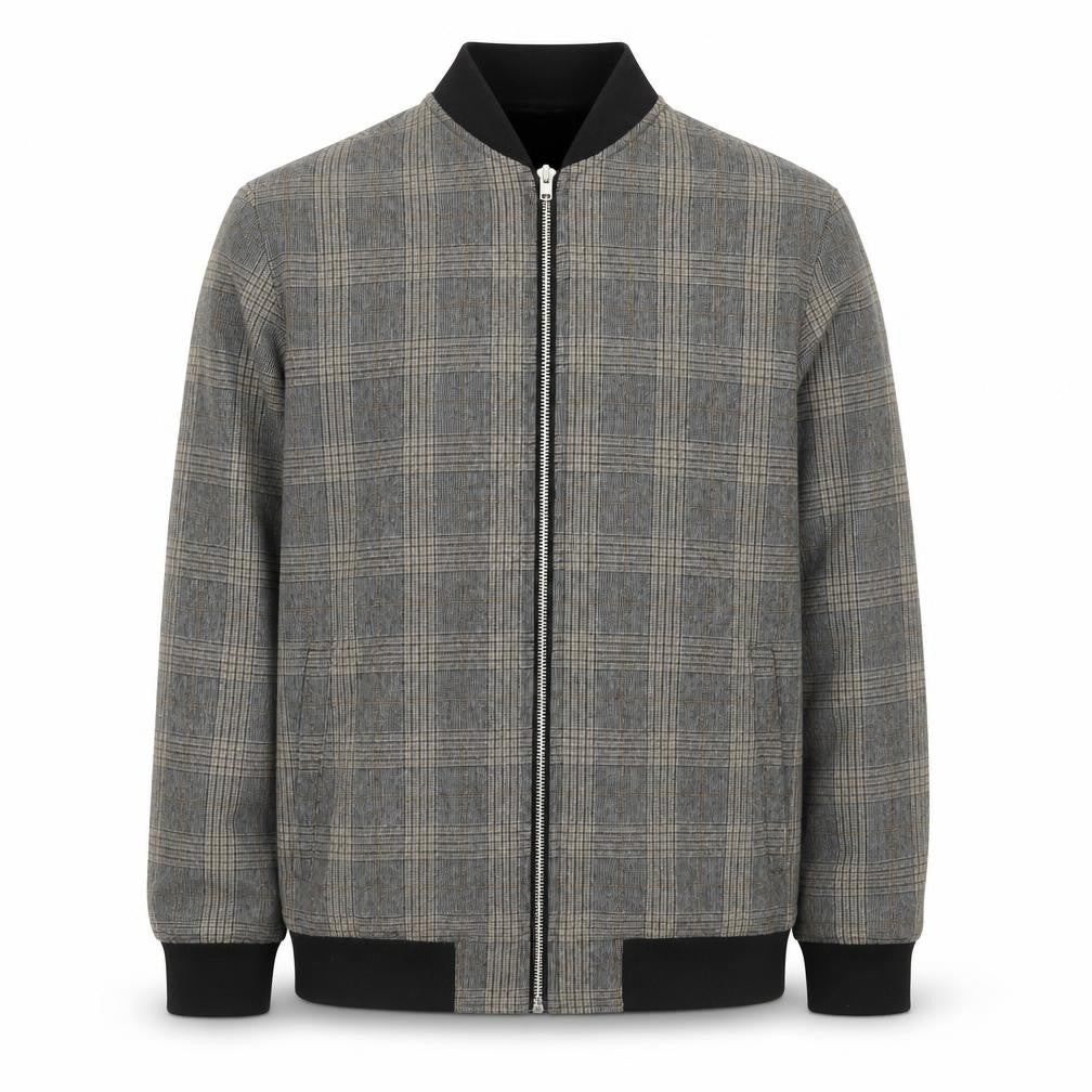 Front view of Paul Calvin Men's Grey Checked Wool Blend Bomber Jacket XS