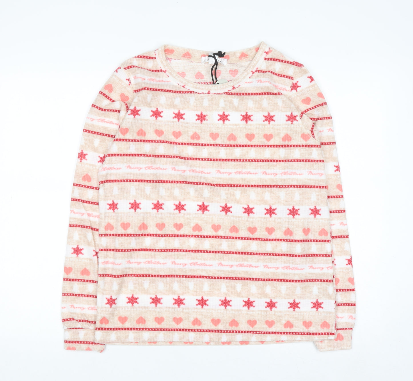 Miso Women's Beige Christmas Long Sleeve Fleece Nightshirt UK 8