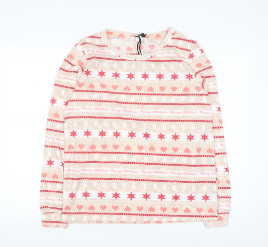 Miso Women's Beige Christmas Long Sleeve Fleece Nightshirt UK 8