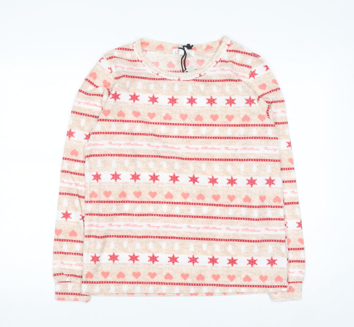 Miso Women's Beige Christmas Long Sleeve Fleece Nightshirt UK 8