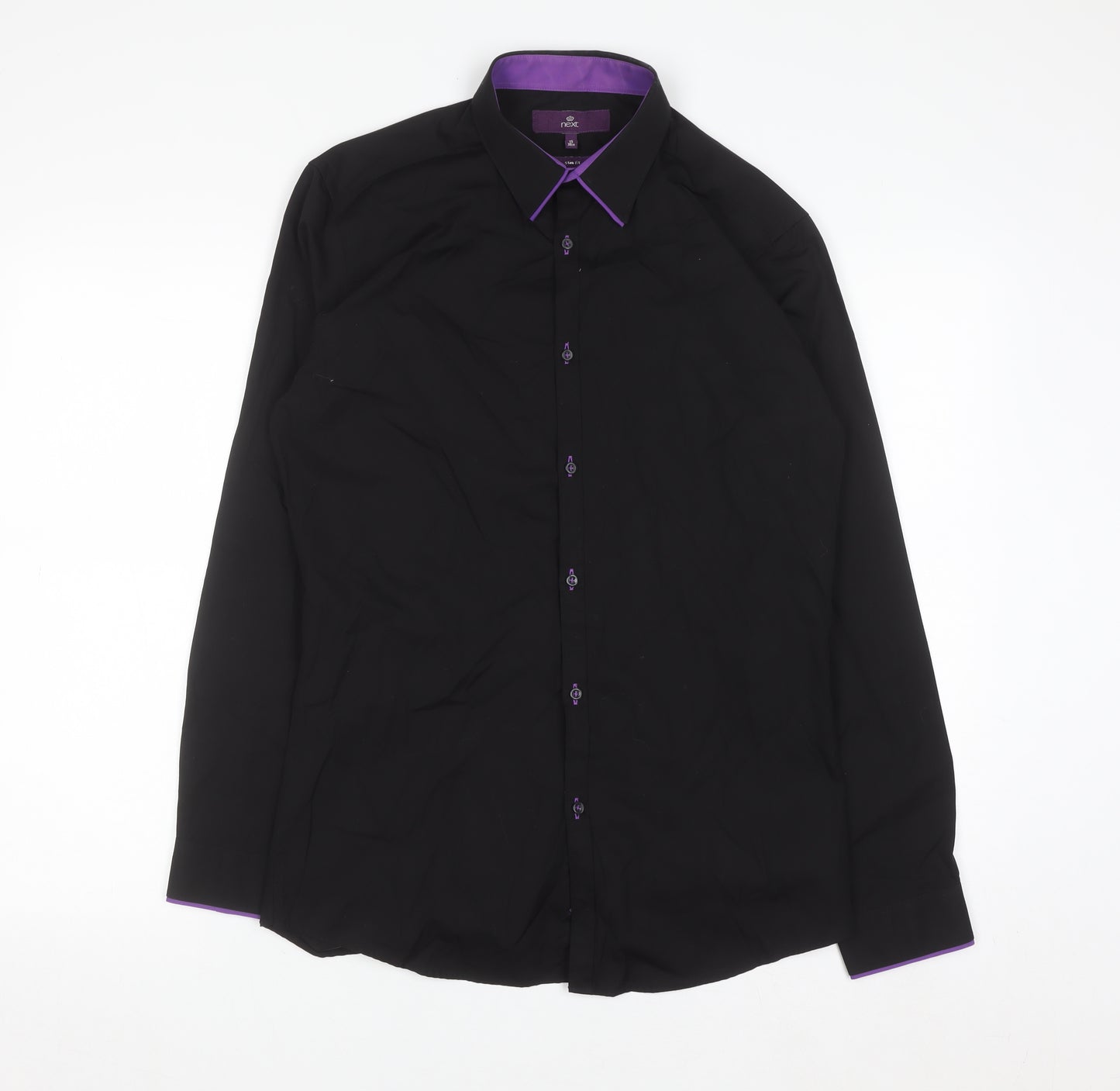 Next Men's Black Slim Fit Cotton Long Sleeve Button-Up Shirt 15in 38cm
