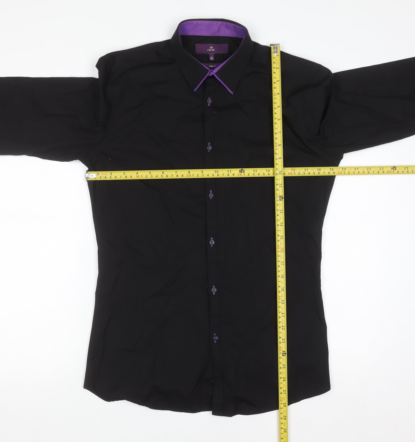 Next Men's Black Slim Fit Cotton Long Sleeve Button-Up Shirt 15in 38cm
