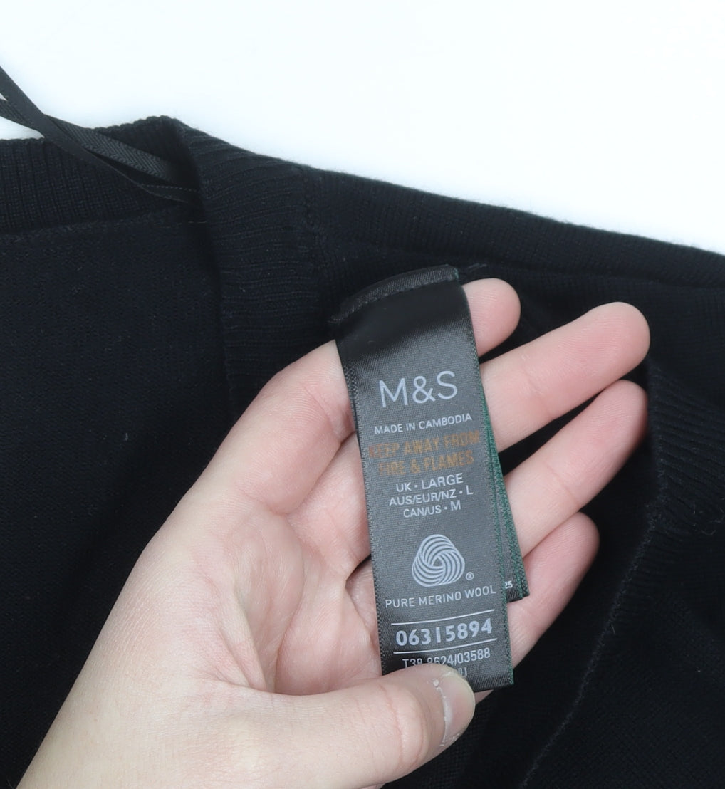 Marks and Spencer Men's Black L Merino Wool V-Neck Jumper
