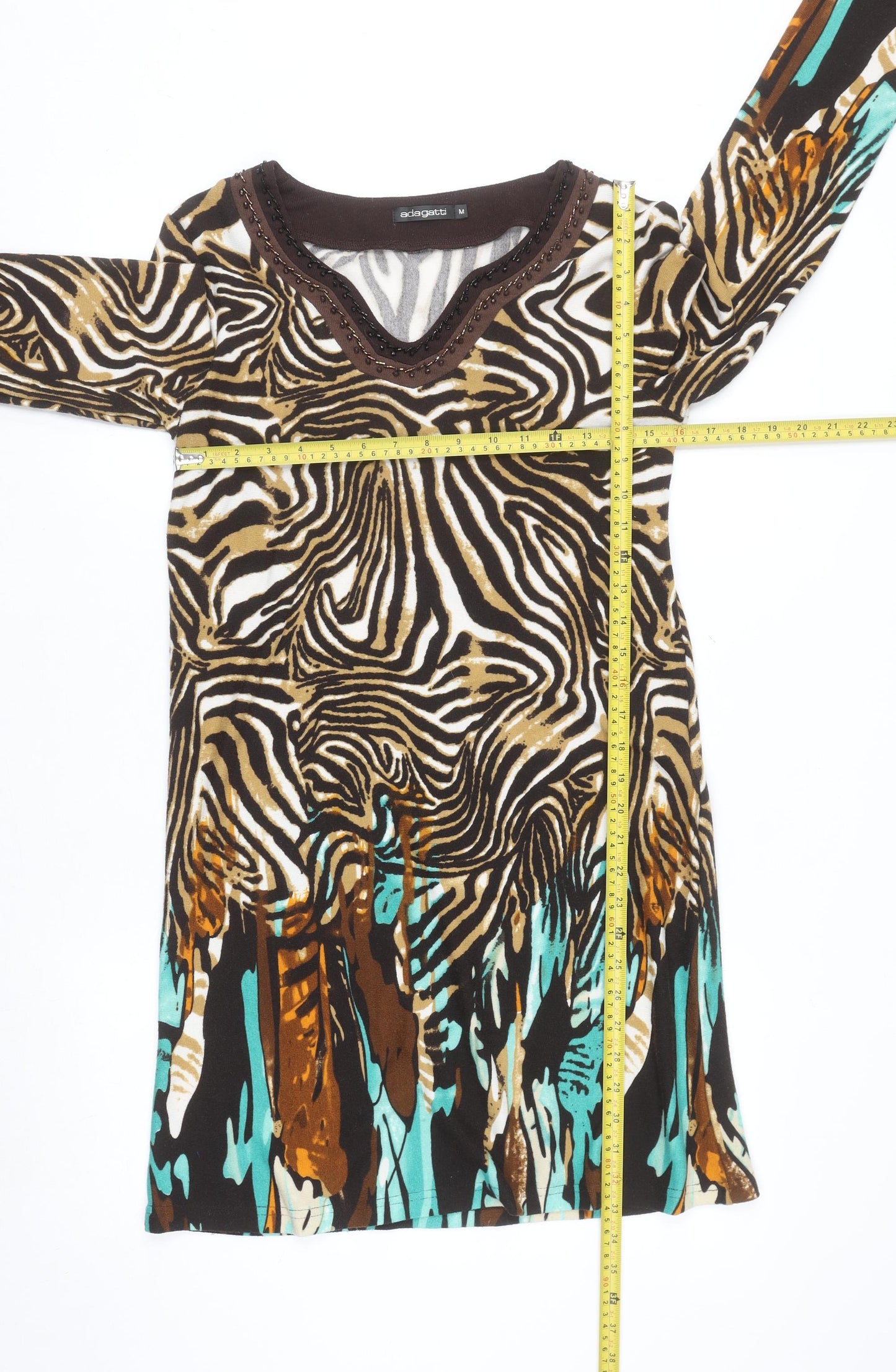 adagatti Women’s Multicoloured Animal Print Beaded V-Neck Shift Dress M