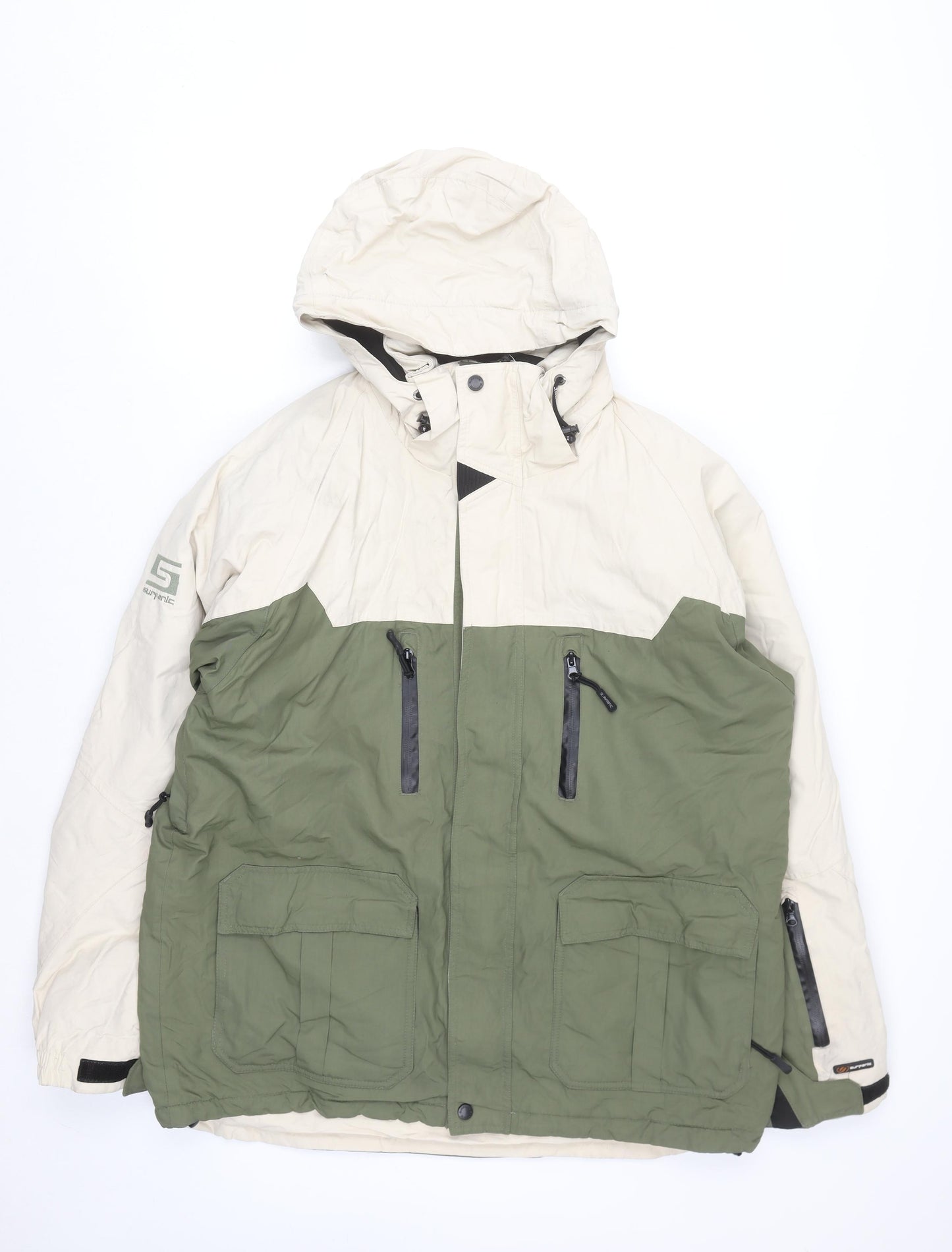 Surfanic Mens Green Beige Waterproof Parka Jacket L Hooded Winter Coat