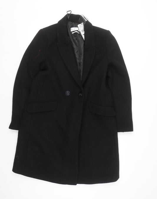 Zara Womens Black Wool Blend Long Overcoat Size 14 Classic Style