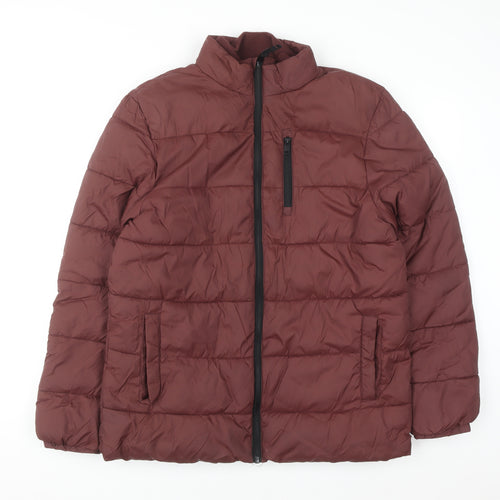 F&F Men's Brown Mid-Length Puffer Jacket Size M Nylon Zip Padded