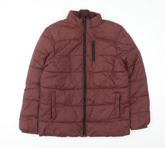 F&F Men's Brown Mid-Length Puffer Jacket Size M Nylon Zip Padded