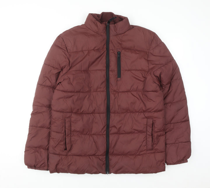 F&F Men's Brown Mid-Length Puffer Jacket Size M Nylon Zip Padded