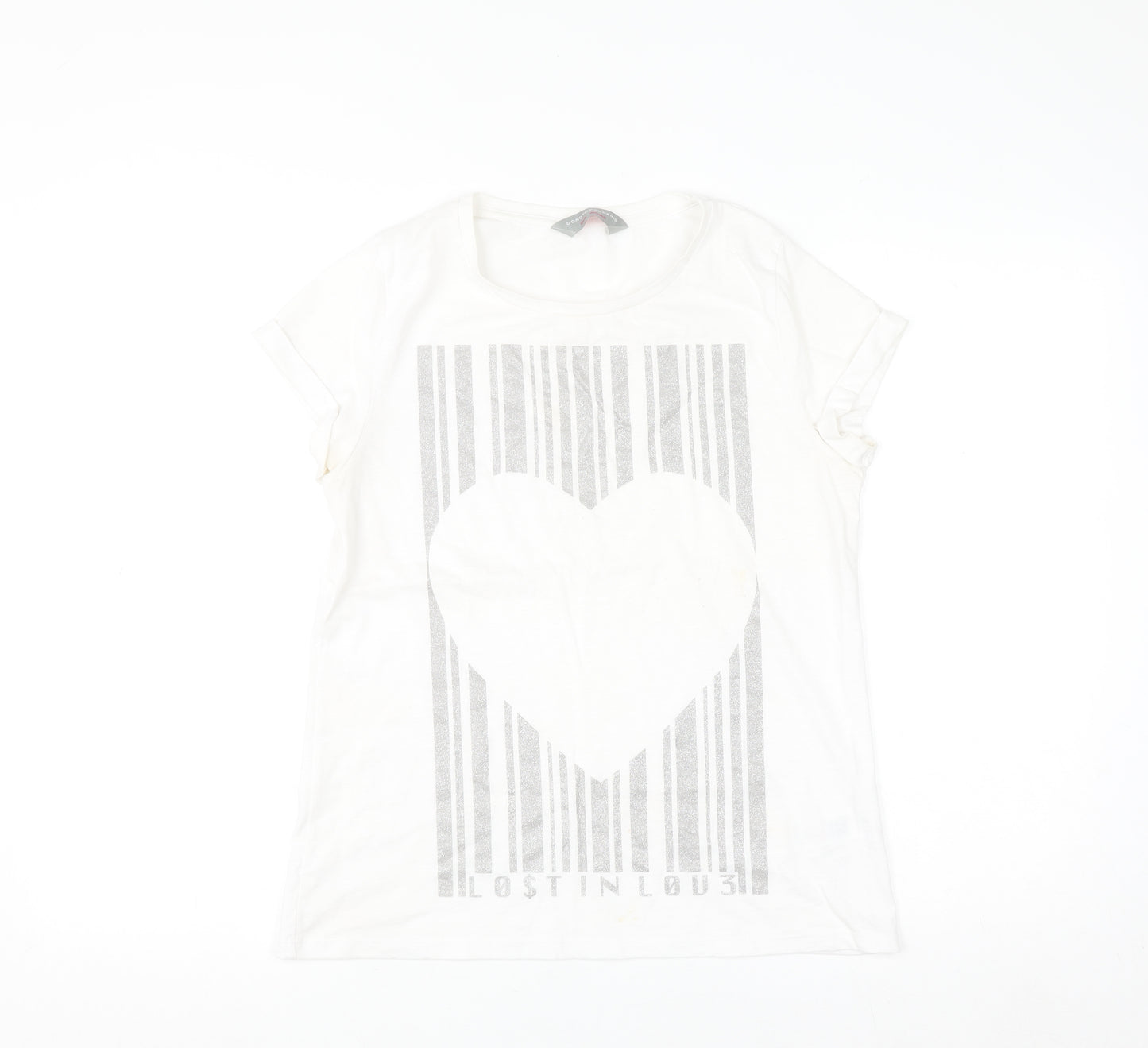 Dorothy Perkins Women White Glitter Heart Graphic T-Shirt Size 12