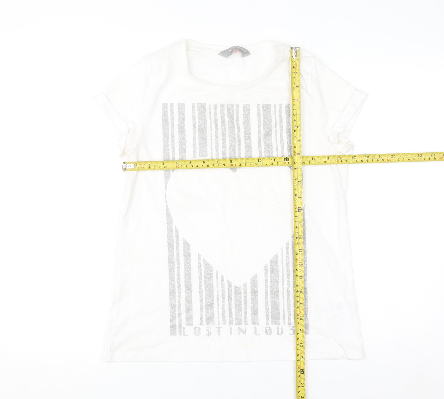 Dorothy Perkins Women White Glitter Heart Graphic T-Shirt Size 12