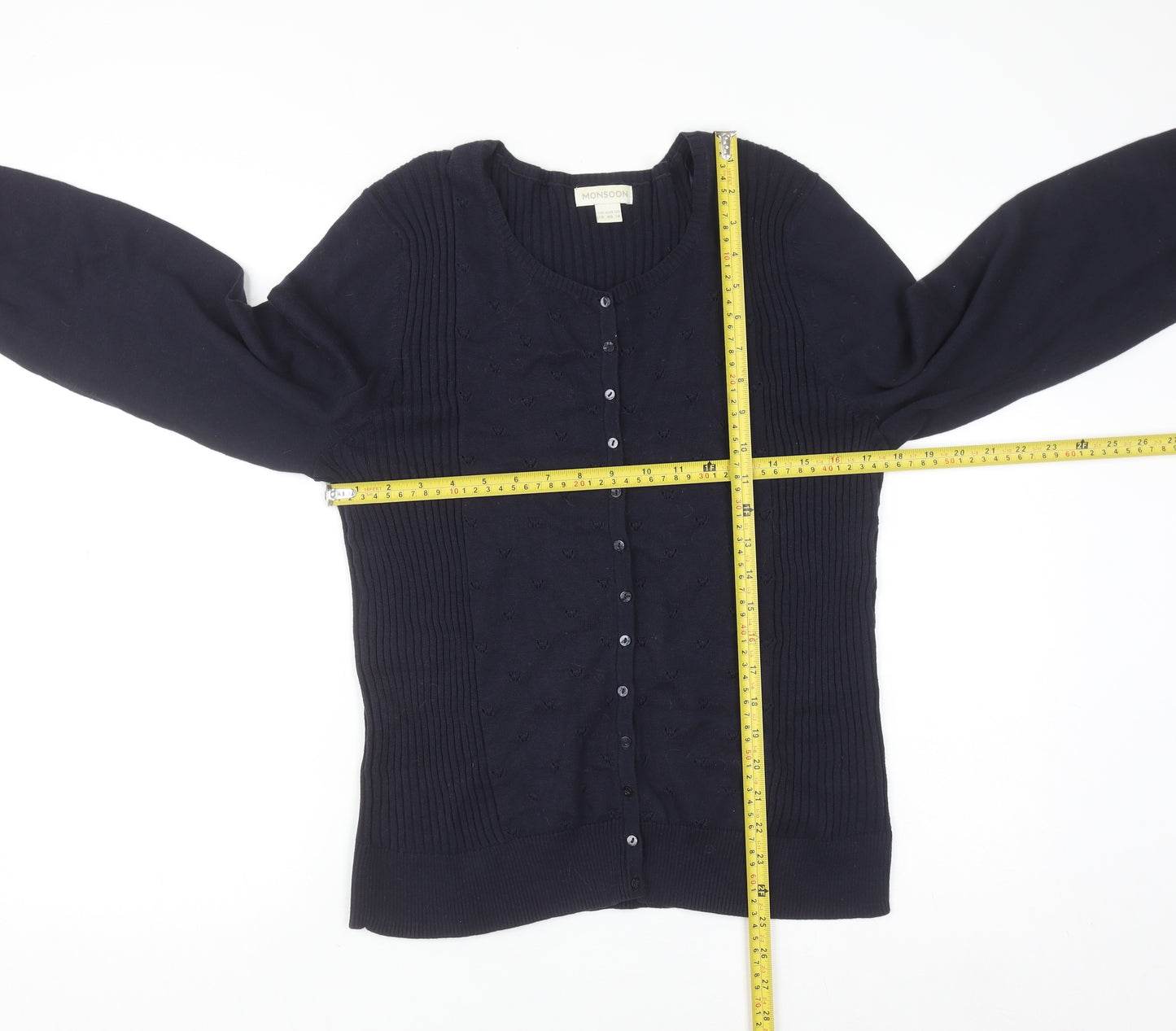 Monsoon Women Blue Long Sleeve Round Neck Cotton Cardigan Size 18