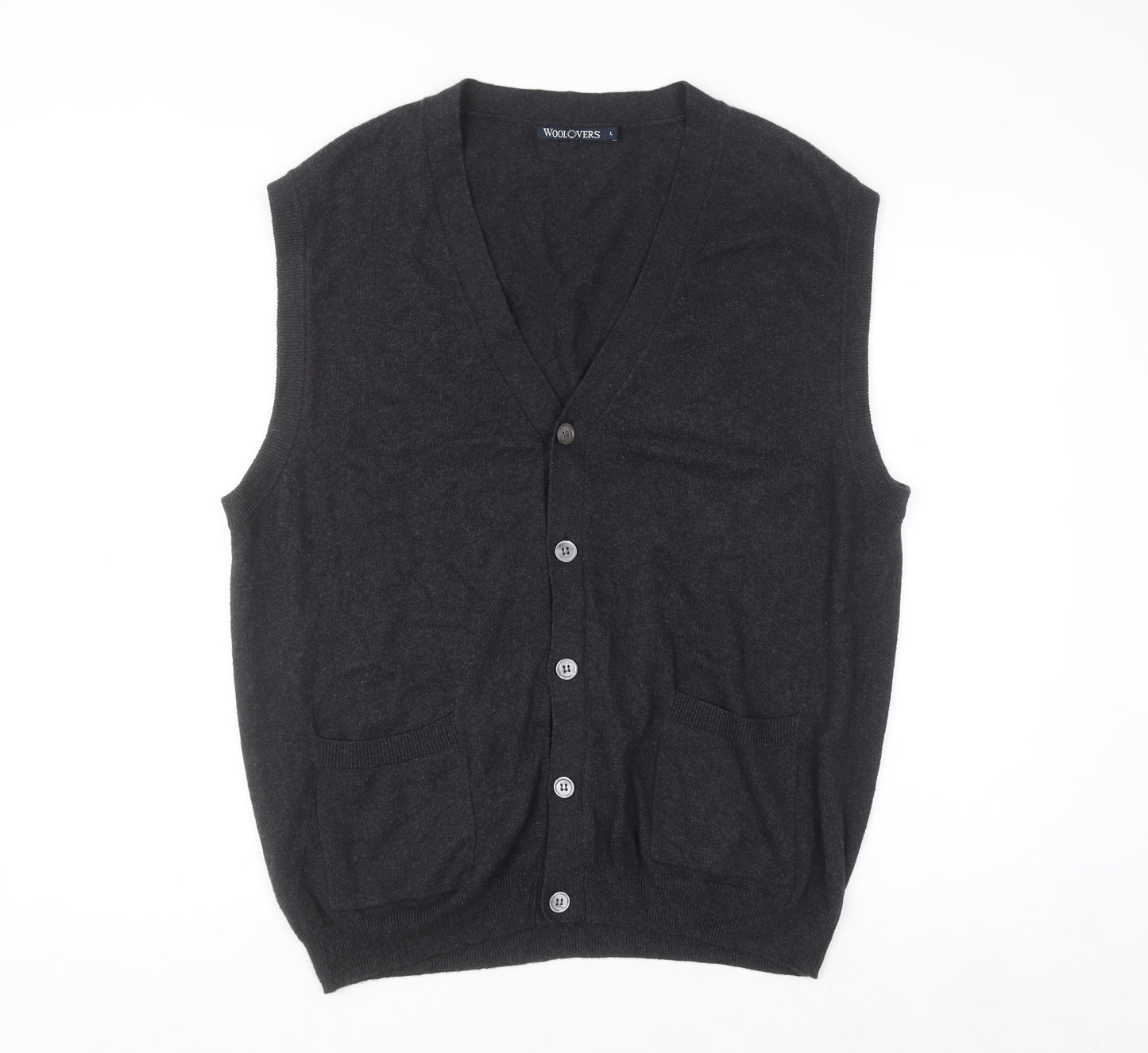 Woolovers Mens Black Wool Cashmere Sleeveless Button Cardigan L