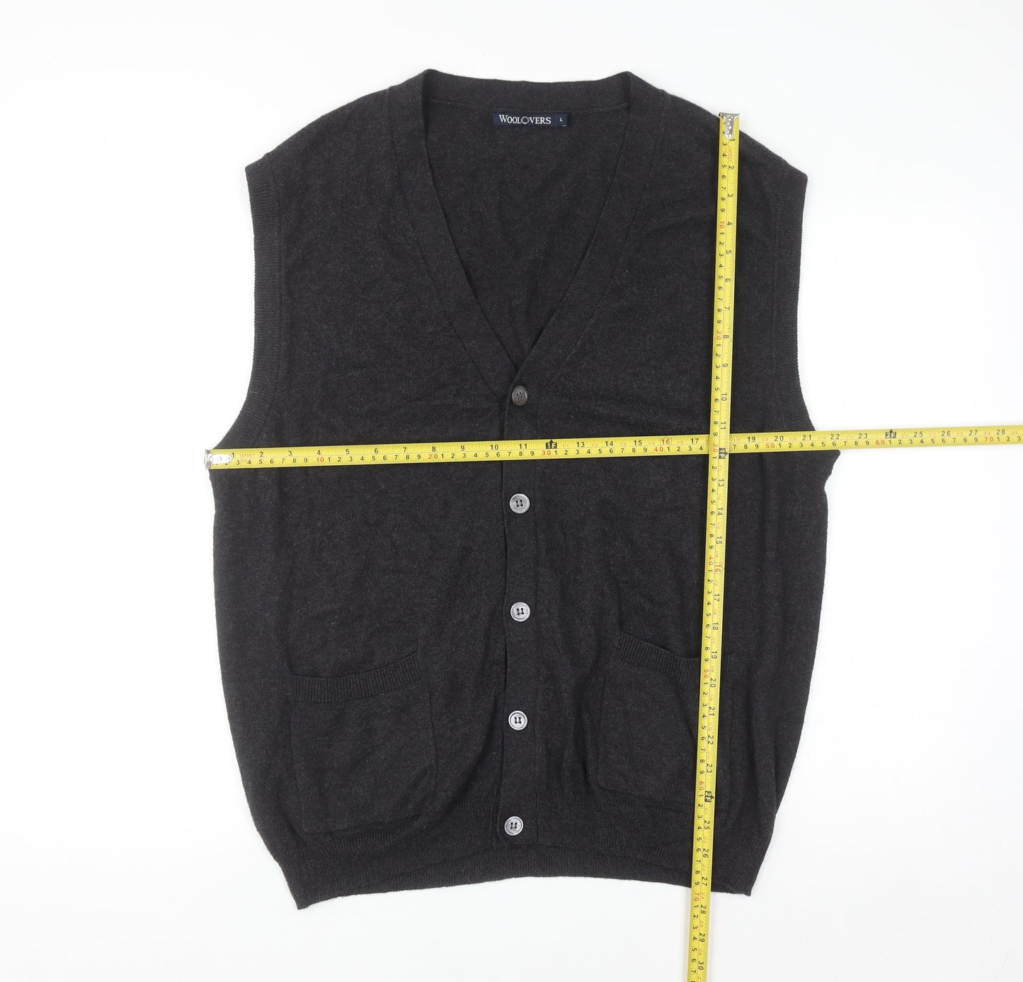 Woolovers Mens Black Wool Cashmere Sleeveless Button Cardigan L