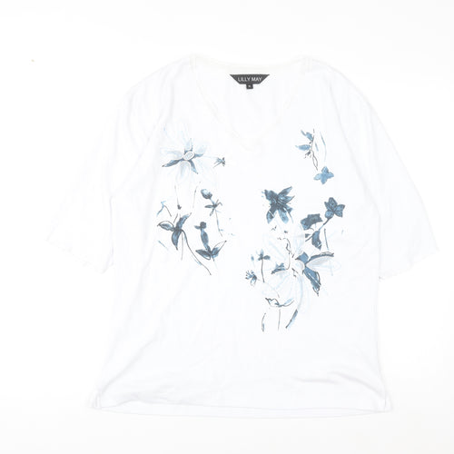 Lilly May Women’s White Floral Embroidered V-Neck Short Sleeve T-Shirt XL