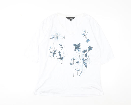 Lilly May Women’s White Floral Embroidered V-Neck Short Sleeve T-Shirt XL