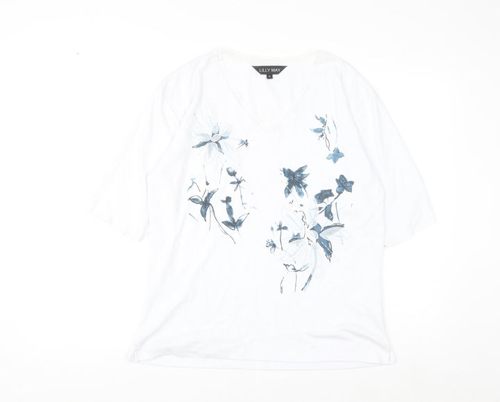 Lilly May Women’s White Floral Embroidered V-Neck Short Sleeve T-Shirt XL