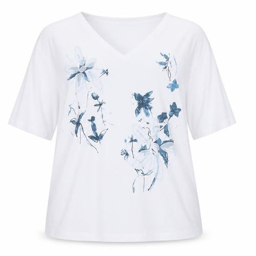 Lilly May Women’s White Floral Embroidered V-Neck Short Sleeve T-Shirt XL