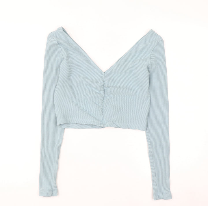 H&M Women Blue Ribbed Long Sleeve Cropped V-Neck Top Size M