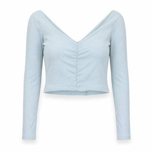 H&M Women Blue Ribbed Long Sleeve Cropped V-Neck Top Size M