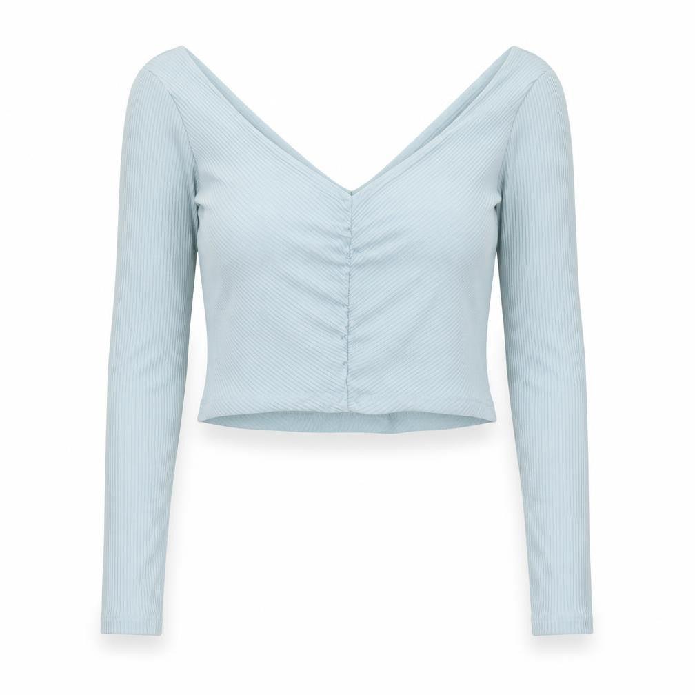 H&M Women Blue Ribbed Long Sleeve Cropped V-Neck Top Size M