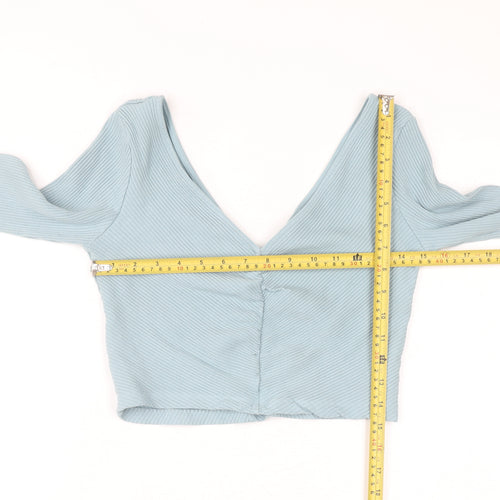 H&M Women Blue Ribbed Long Sleeve Cropped V-Neck Top Size M