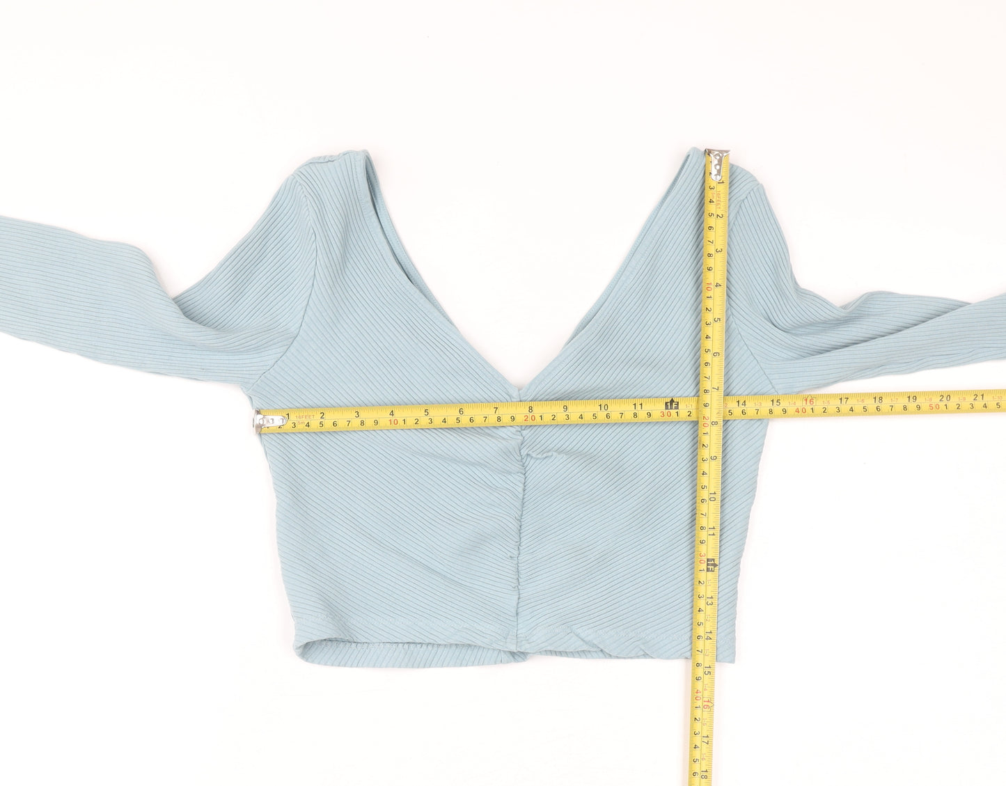 H&M Women Blue Ribbed Long Sleeve Cropped V-Neck Top Size M