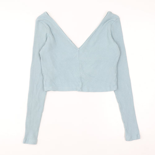 H&M Women Blue Ribbed Long Sleeve Cropped V-Neck Top Size M