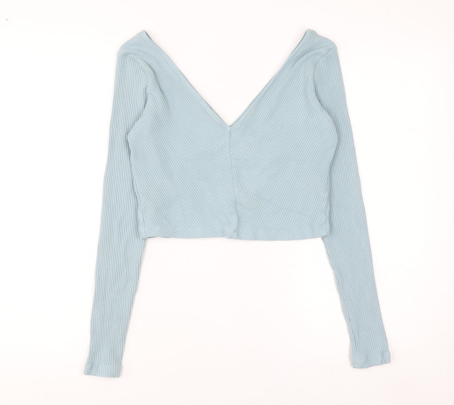 H&M Women Blue Ribbed Long Sleeve Cropped V-Neck Top Size M