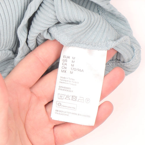 H&M Women Blue Ribbed Long Sleeve Cropped V-Neck Top Size M