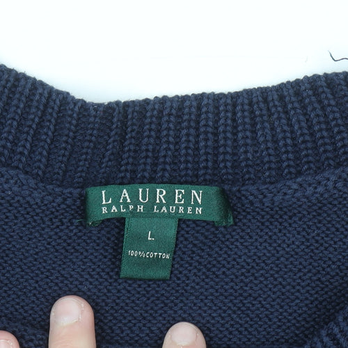 Ralph Lauren Women Blue Cotton Knit Jumper L Crew Neck Long Sleeve