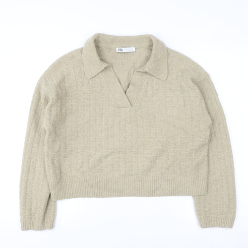 Zara Women Beige Collared Knit Pullover Jumper Size S