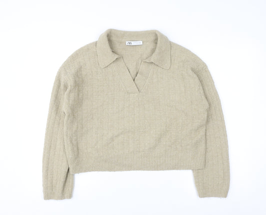 Zara Women Beige Collared Knit Pullover Jumper Size S