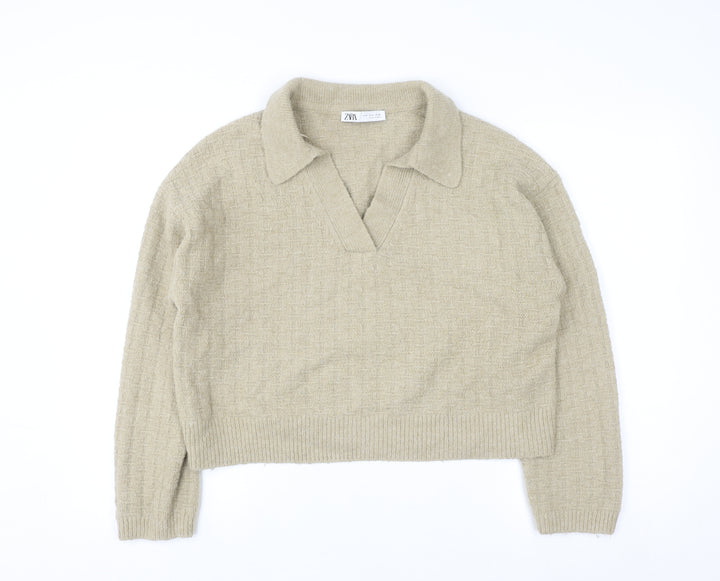 Zara Women Beige Collared Knit Pullover Jumper Size S