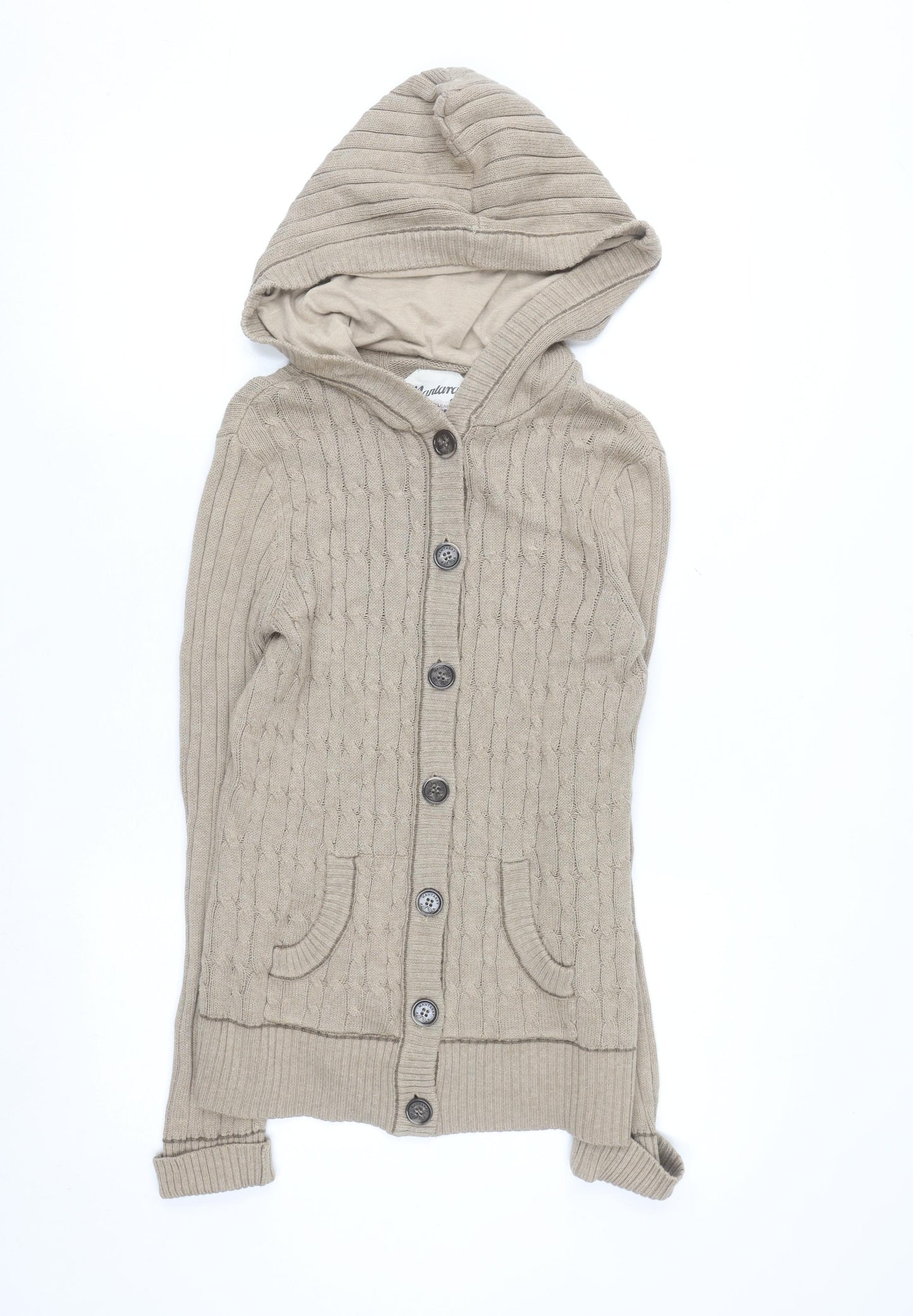 Mantaray Women Beige Hooded Cable Knit Cotton Cardigan Size 10