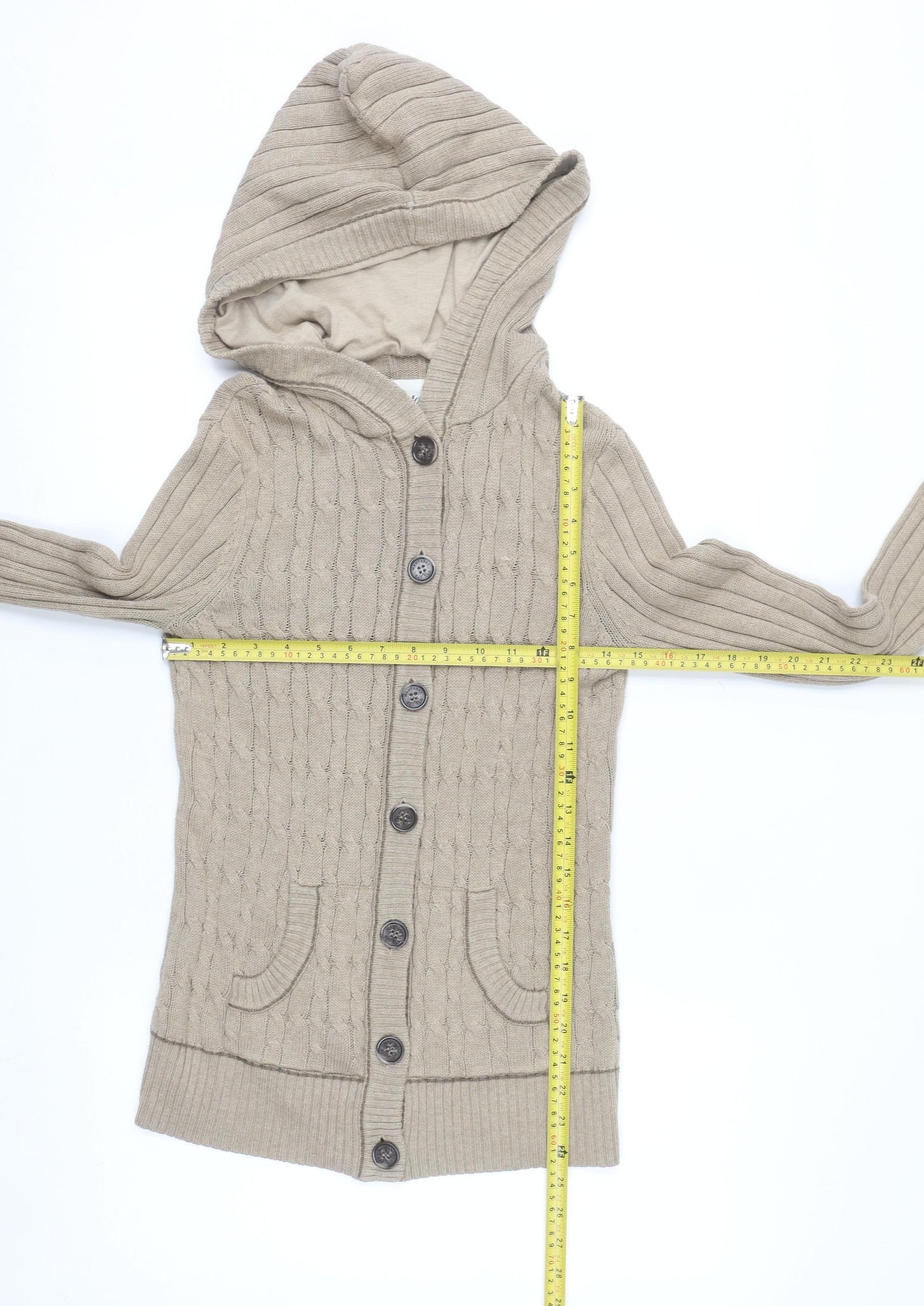 Mantaray Women Beige Hooded Cable Knit Cotton Cardigan Size 10