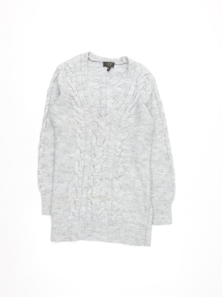 Lipsy Women’s Grey Cable-Knit V-Neck Jumper Size 6