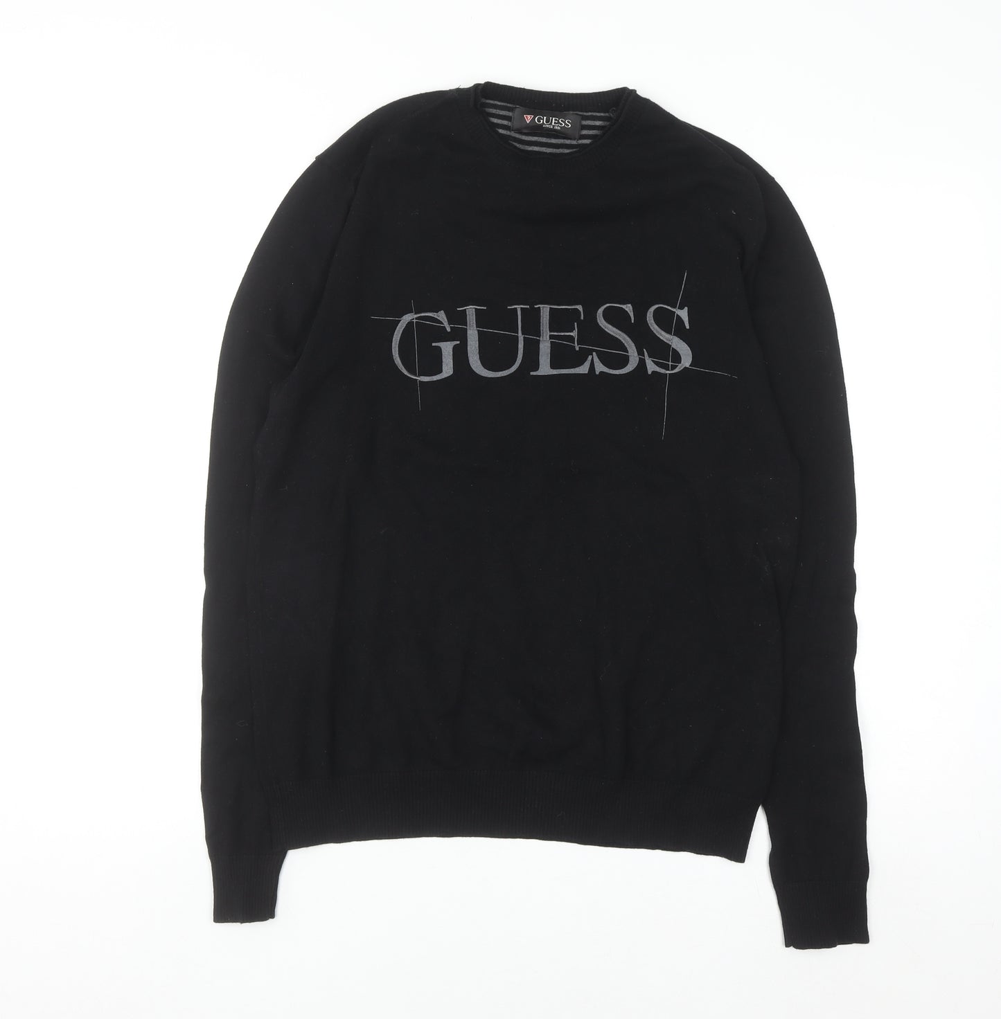 Guess Men's Black Crew Neck Logo Pullover Jumper Size M