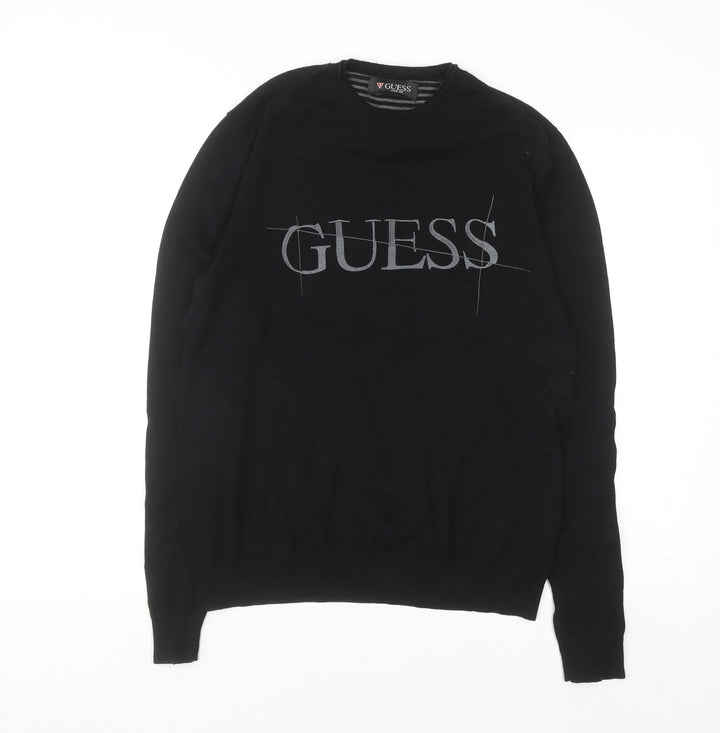 Guess Men's Black Crew Neck Logo Pullover Jumper Size M