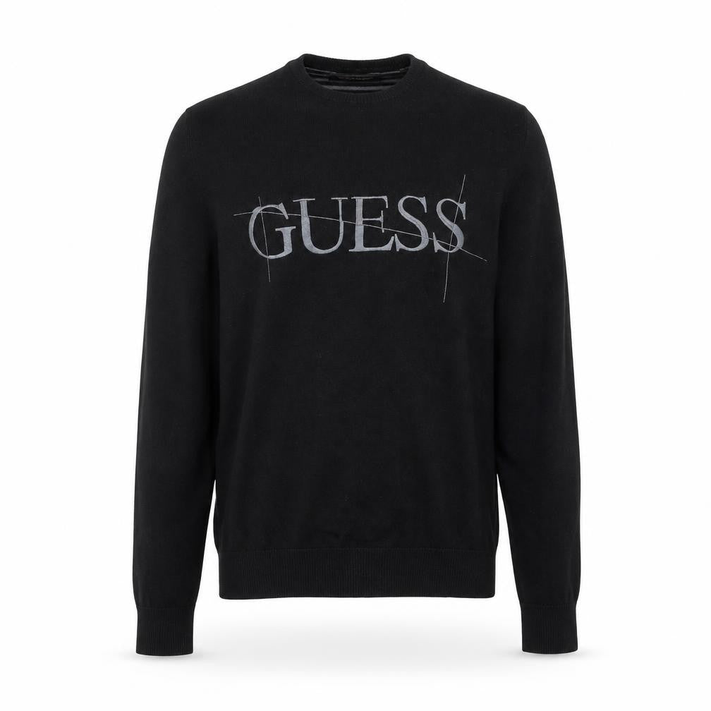 Front view of Guess Men's Black Crew Neck Logo jumper, size M