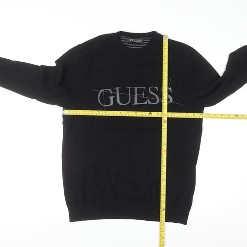Guess Men's Black Crew Neck Logo Pullover Jumper Size M