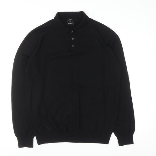 Jaeger Men's Black L Collared Henley Pure Merino Wool Jumper