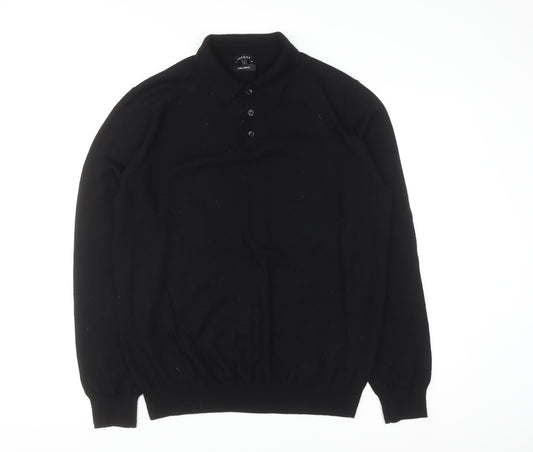 Jaeger Men's Black L Collared Henley Pure Merino Wool Jumper