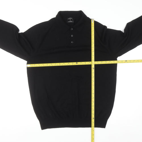 Jaeger Men's Black L Collared Henley Pure Merino Wool Jumper