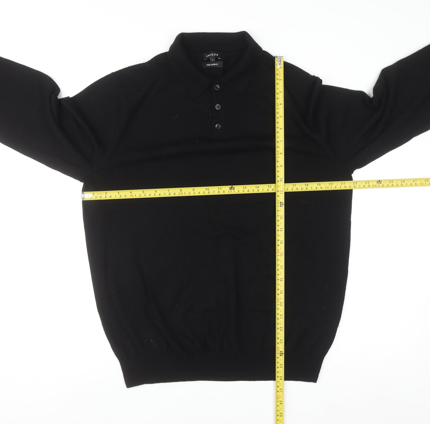 Jaeger Men's Black L Collared Henley Pure Merino Wool Jumper