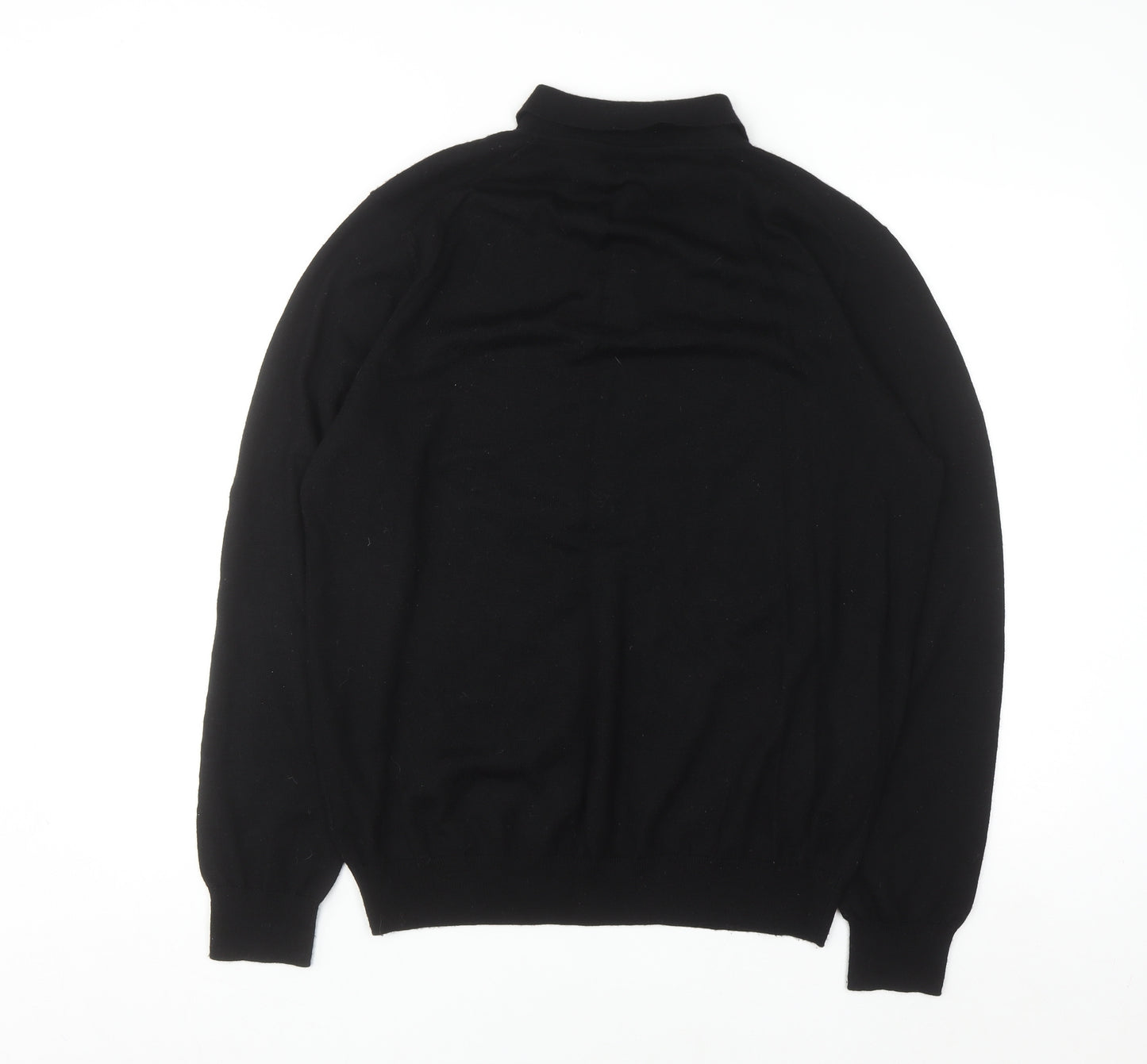 Jaeger Men's Black L Collared Henley Pure Merino Wool Jumper