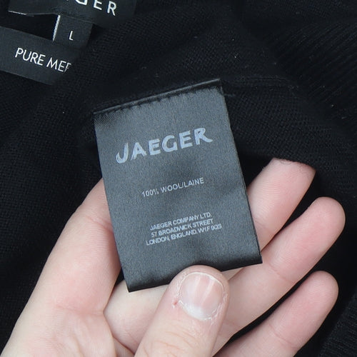 Jaeger Men's Black L Collared Henley Pure Merino Wool Jumper