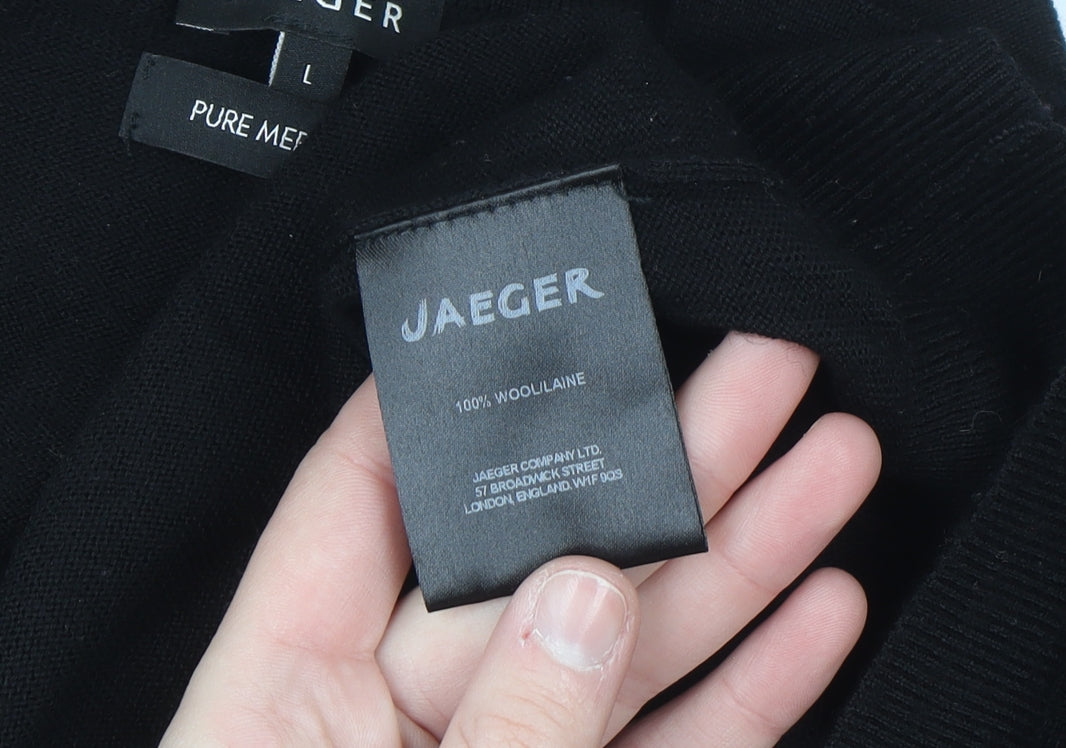 Jaeger Men's Black L Collared Henley Pure Merino Wool Jumper