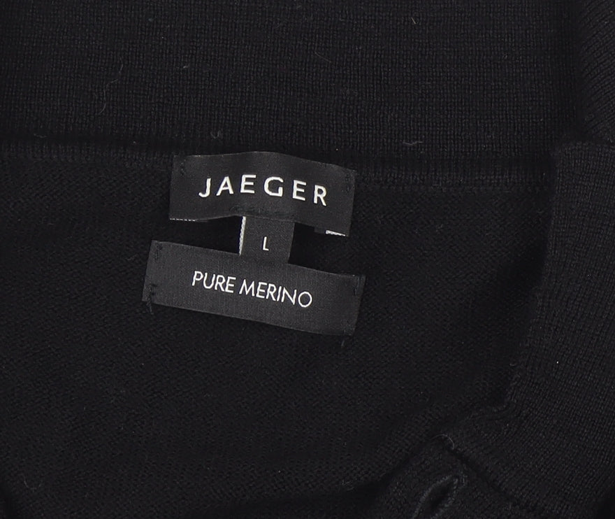 Jaeger Men's Black L Collared Henley Pure Merino Wool Jumper