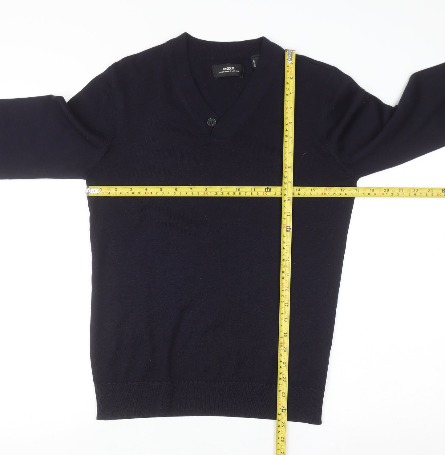Mexx Men’s Navy Blue V-Neck Merino Wool Blend Pullover Jumper Size S